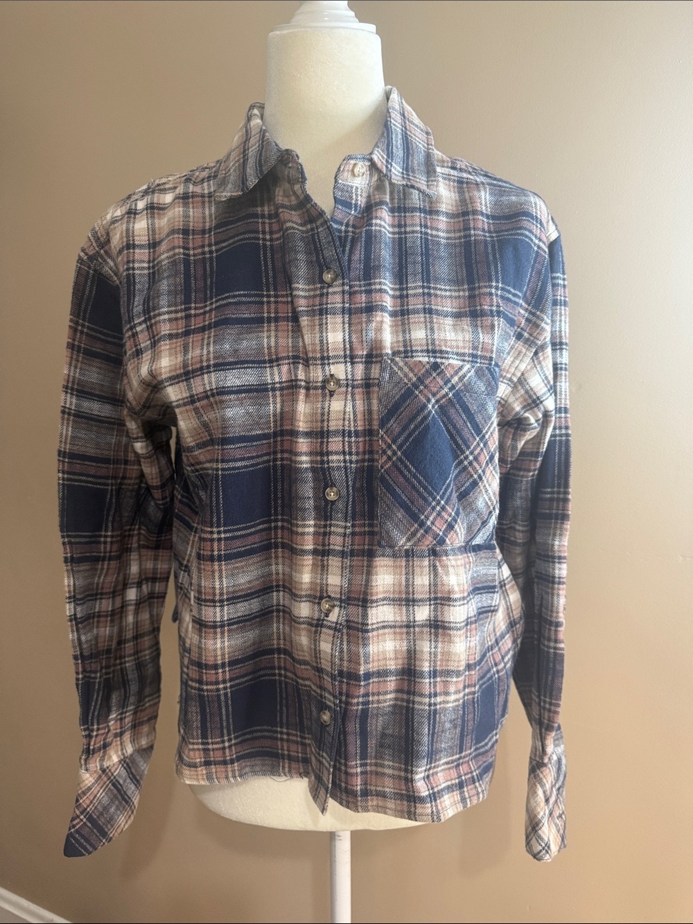 Scotch & Soda Navy, Cream, Tan & Pink Plaid Button-Down Flannel Shirt